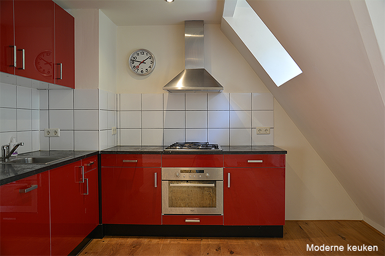voldoende werkruimte in de moderne keuken van het appartement te Laren